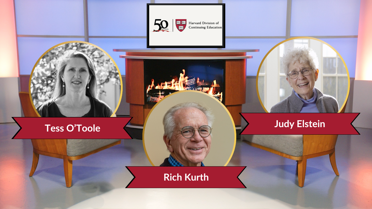 Decorative Image with three circular photos, one of Tess O'Toole and two of HILR members Rich Kurth and Judy Elstein.